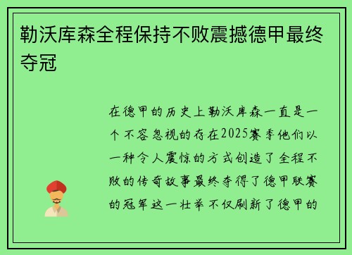 勒沃库森全程保持不败震撼德甲最终夺冠