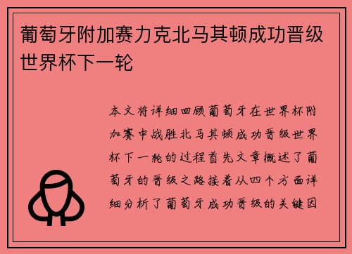 葡萄牙附加赛力克北马其顿成功晋级世界杯下一轮